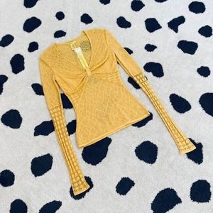 NWT Catherine Malandrino XS $245 Yellow Mustard Crochet Slim Fit Sweater Top